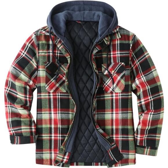 Men's Thicken Plaid Hooded Flannel Shirt Jacket Green/White - Picture 1 of 4